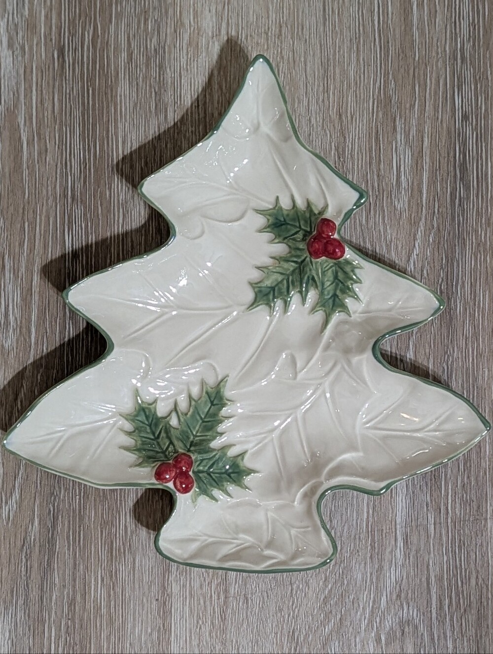 Vintage Andrea By Sadek Holiday Ceramic Tree Serving Dish with Holly Accents